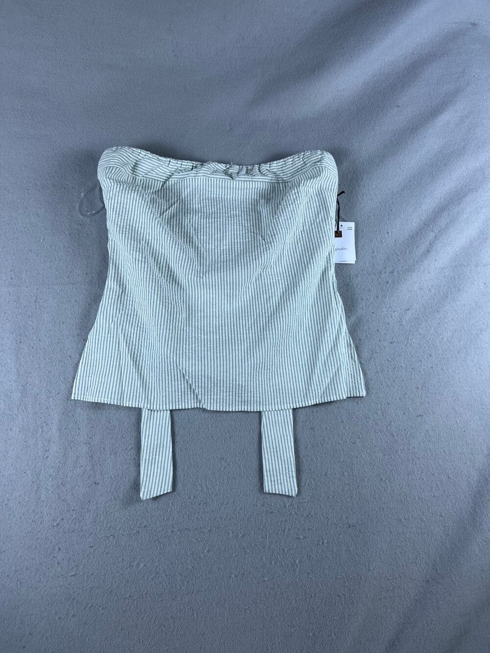 Originality Tube Top Womens XL Sage Green White Striped Strapless Back Tie NWT